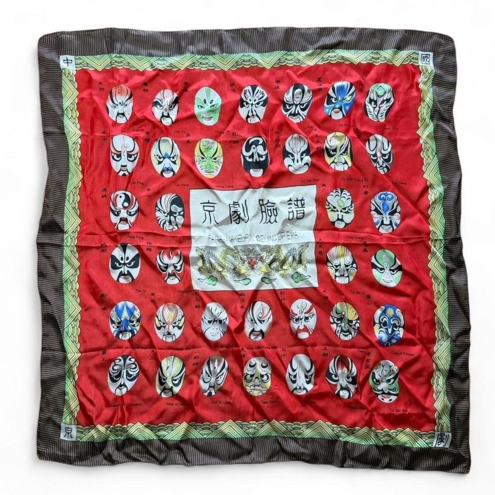 Vintage Chinese Opera Masks Silk Graphic Scarf Chiffon Head Wrap Bandana